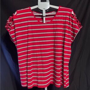 Stylish Red Striped Women's Top with Cutout Sleeves